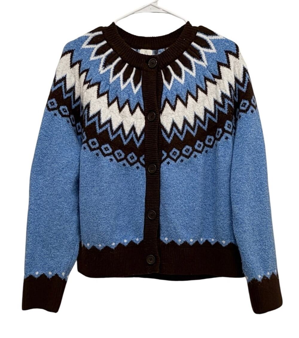 Joie Nordic Fair Isle Blue Wool Blend Button Front Cardigan Sweater Large